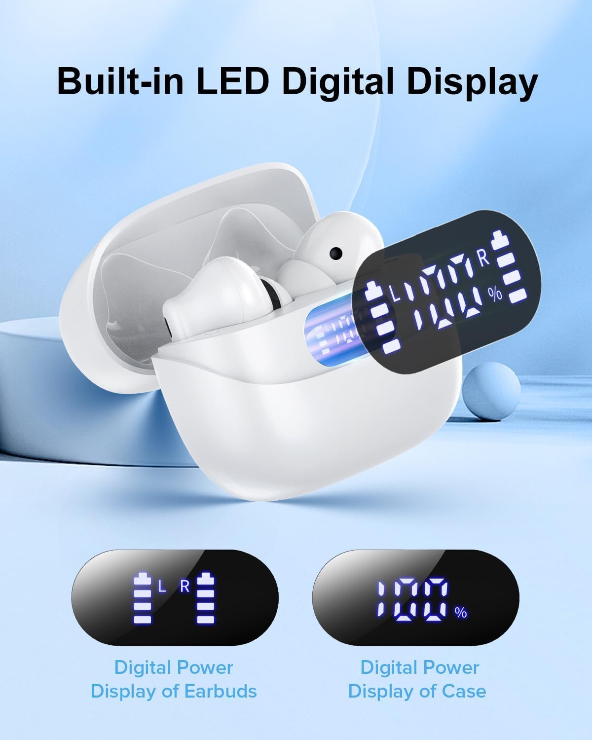 HiFi Stereo Call Noise Cancelling, IPX7 Waterproof Stereo In-Ear Headphones with LED Display