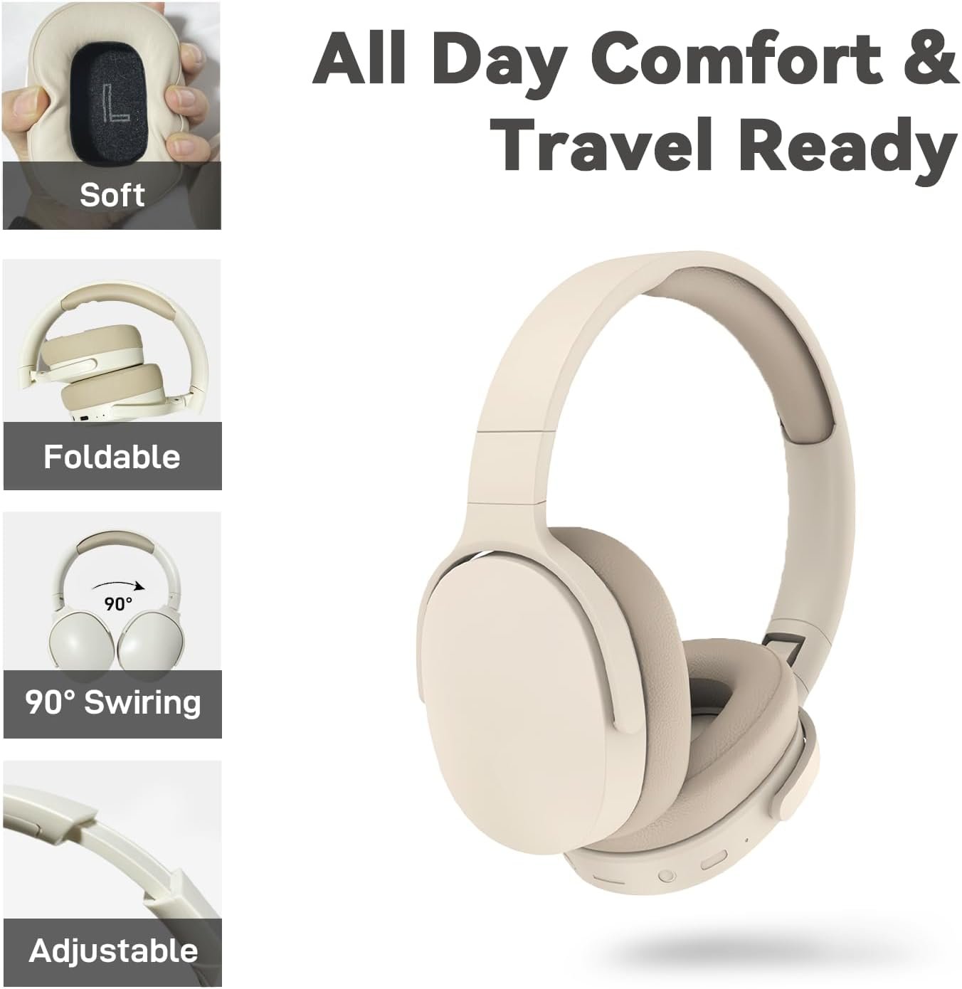 HiFi Stereo Foldable Wireless Bluetooth Noise Cancelling Headphones with Soft Protein Earpads