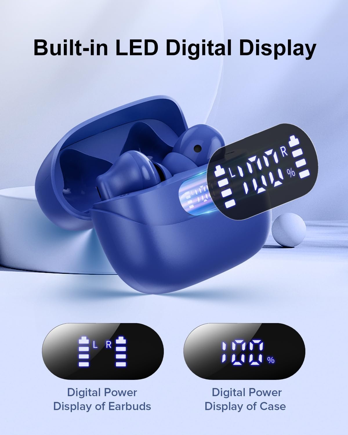 HiFi Stereo Call Noise Cancelling, IPX7 Waterproof Stereo In-Ear Headphones with LED Display