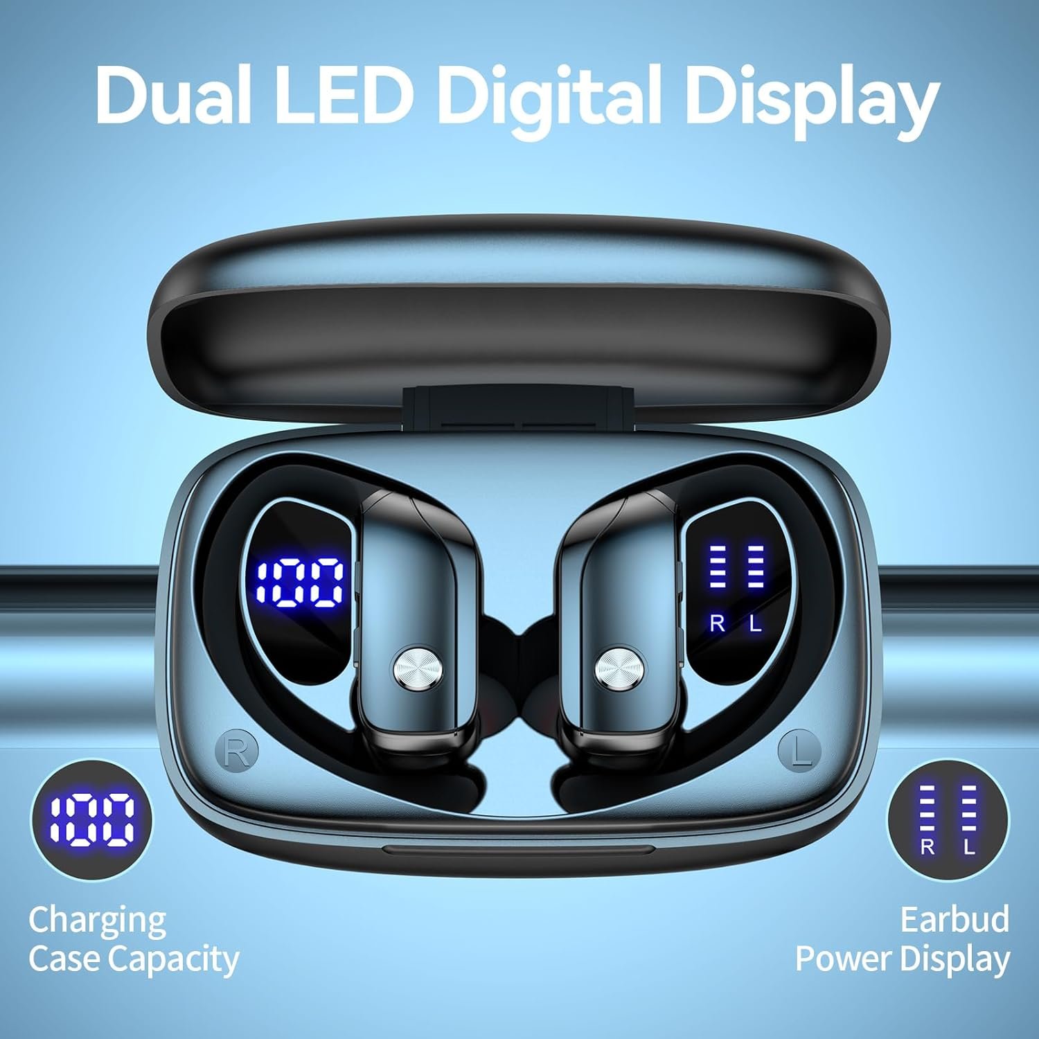 Wireless Bluetooth Headphones with LED Display and Ear Hooks