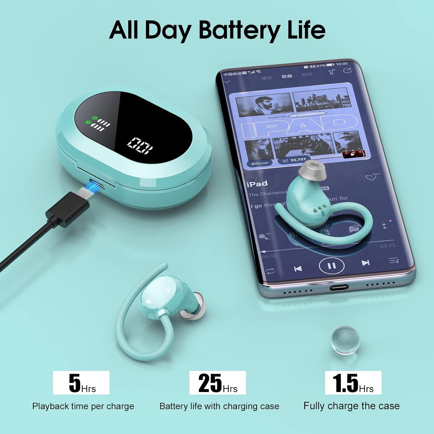 HiFi Stereo Bluetooth 5.3 In-ear Running Headphones with Earhook