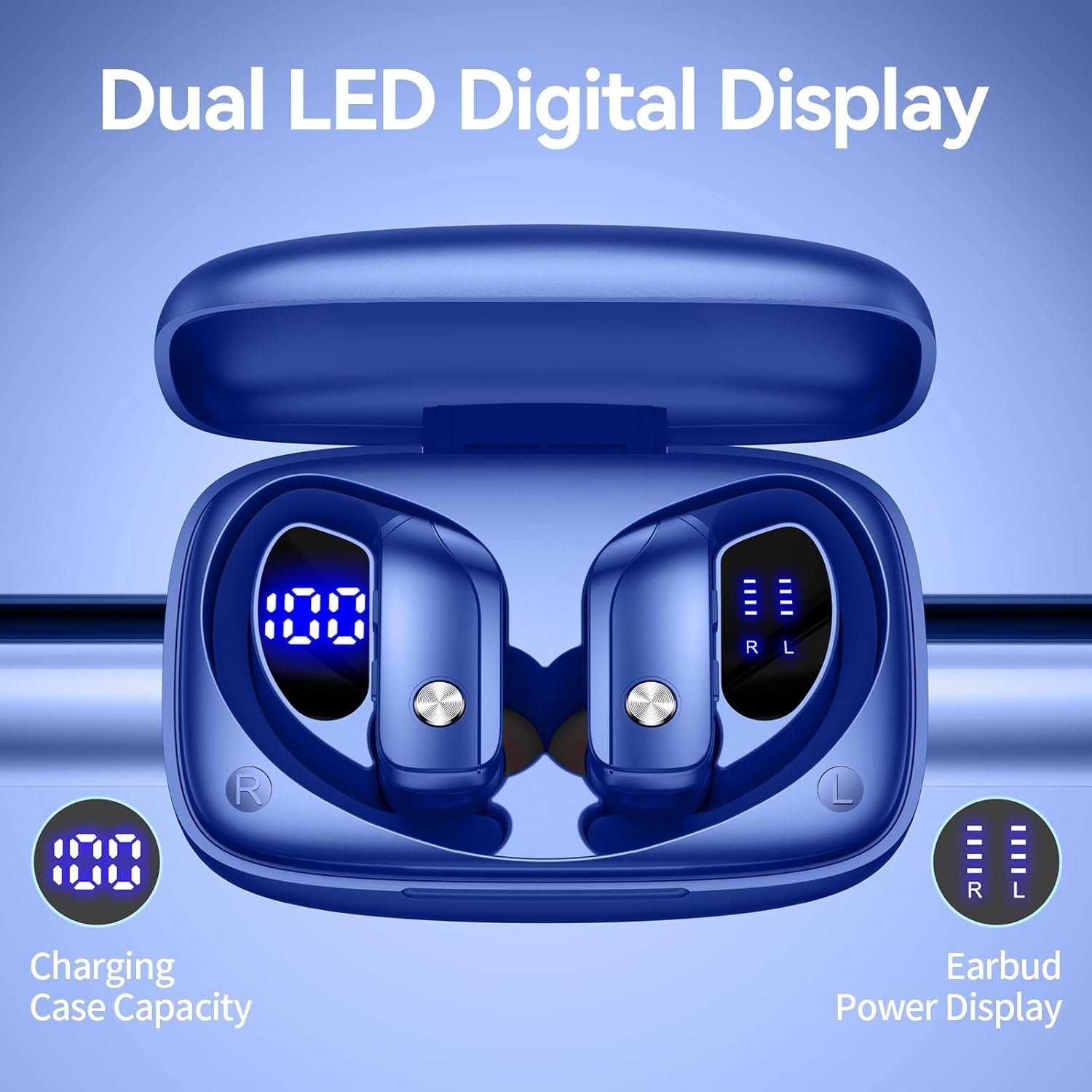 Wireless Bluetooth Headphones with LED Display and Ear Hooks