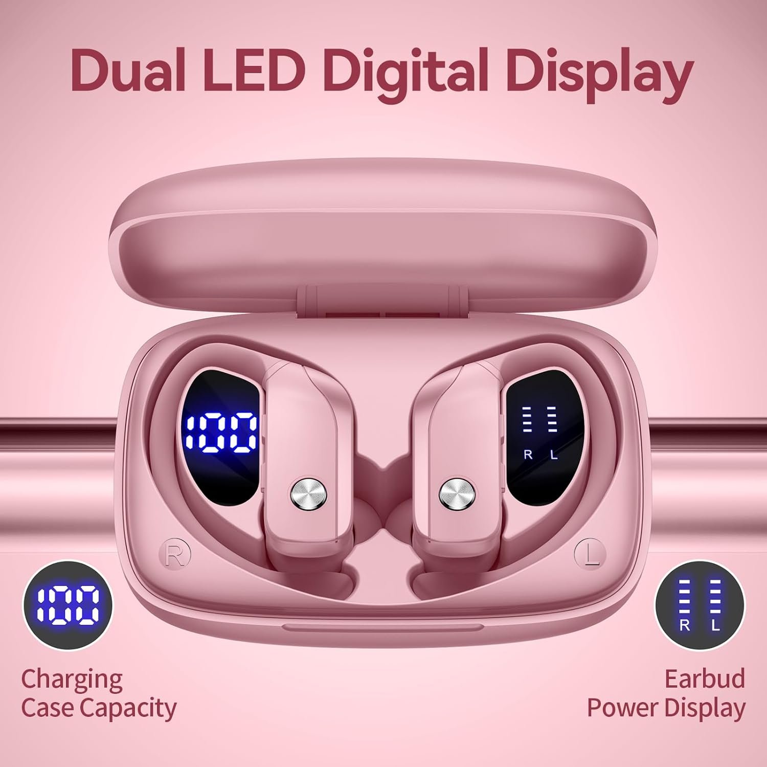 Wireless Bluetooth Headphones with LED Display and Ear Hooks