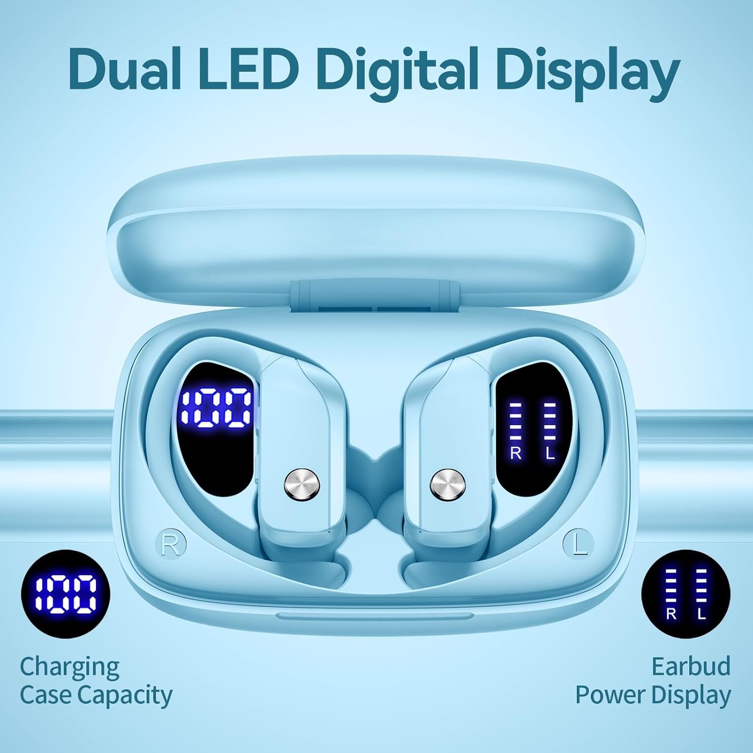 Wireless Bluetooth Headphones with LED Display and Ear Hooks