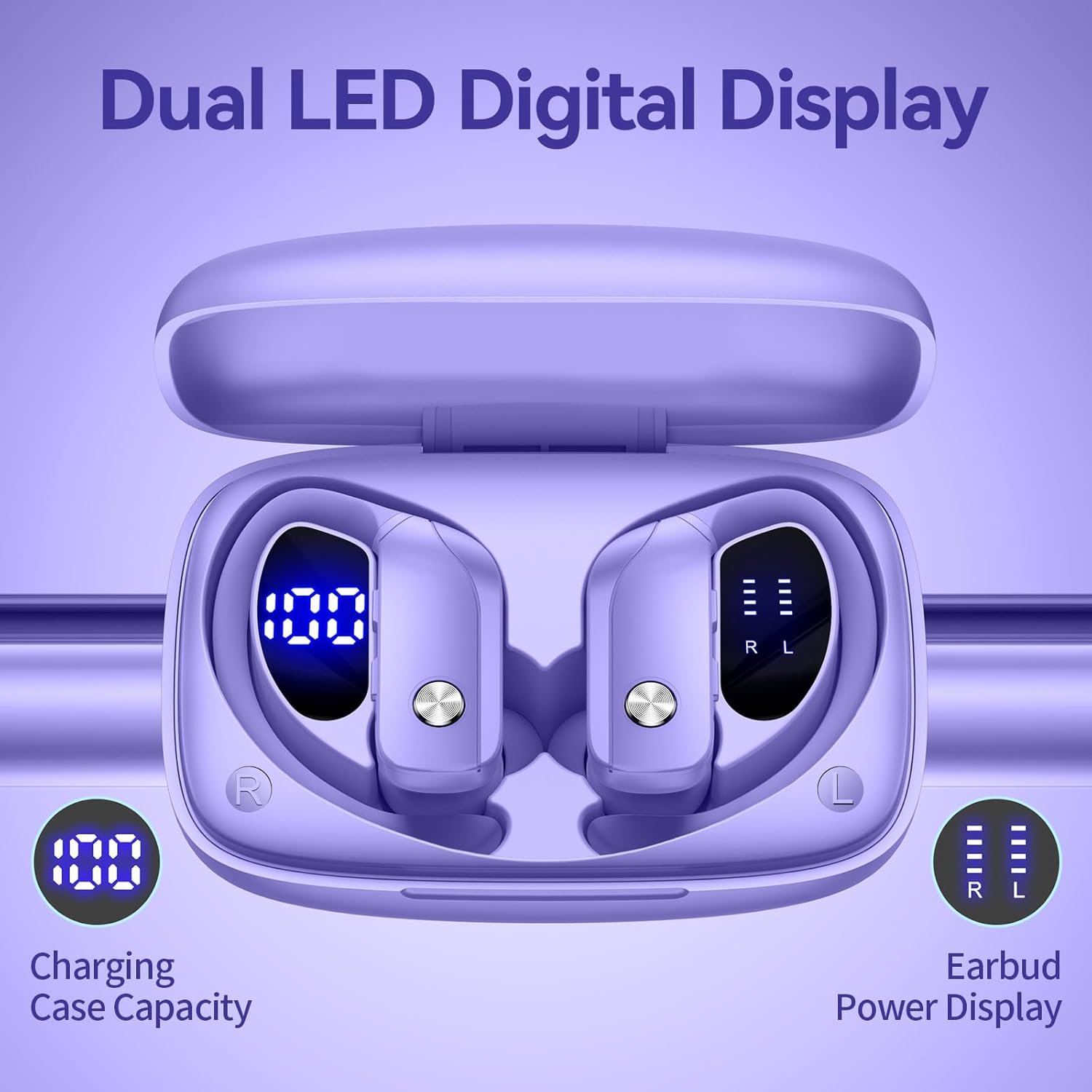Wireless Bluetooth Headphones with LED Display and Ear Hooks