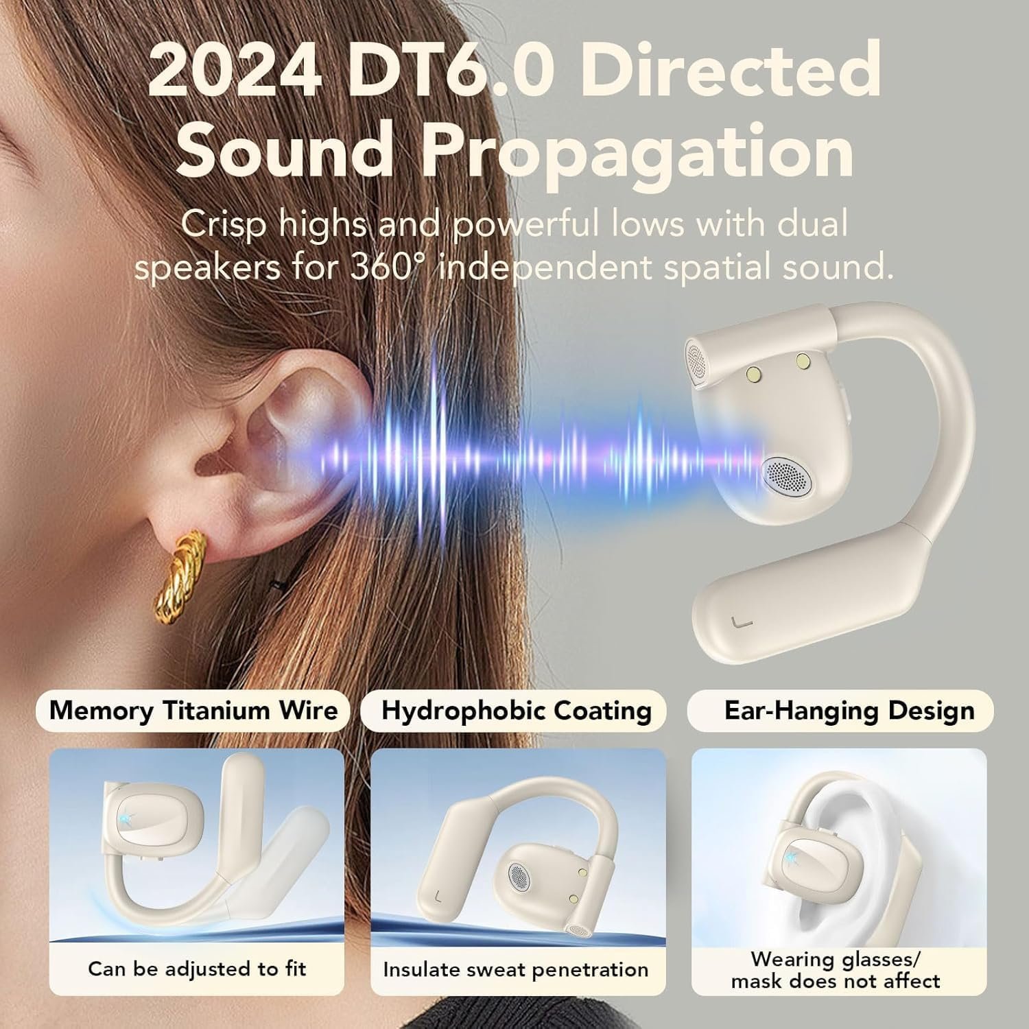 IPX5 Waterproof Open-Back Bluetooth 5.3 Earphones Built-in 4 Microphones with Ear Hook