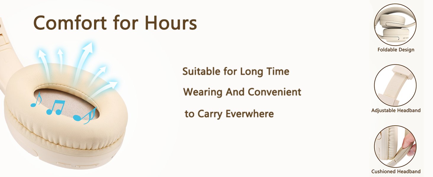 Comfortable Headphones Wireless Bluetooth for Adults, Beige Headset for Travel