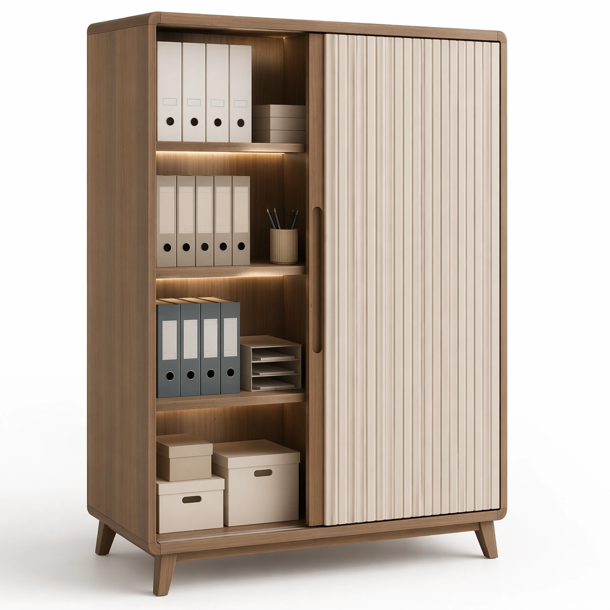 Moderner Aktenschrank mit Schiebetuer und LED Beleuchtung Braun-Javellio