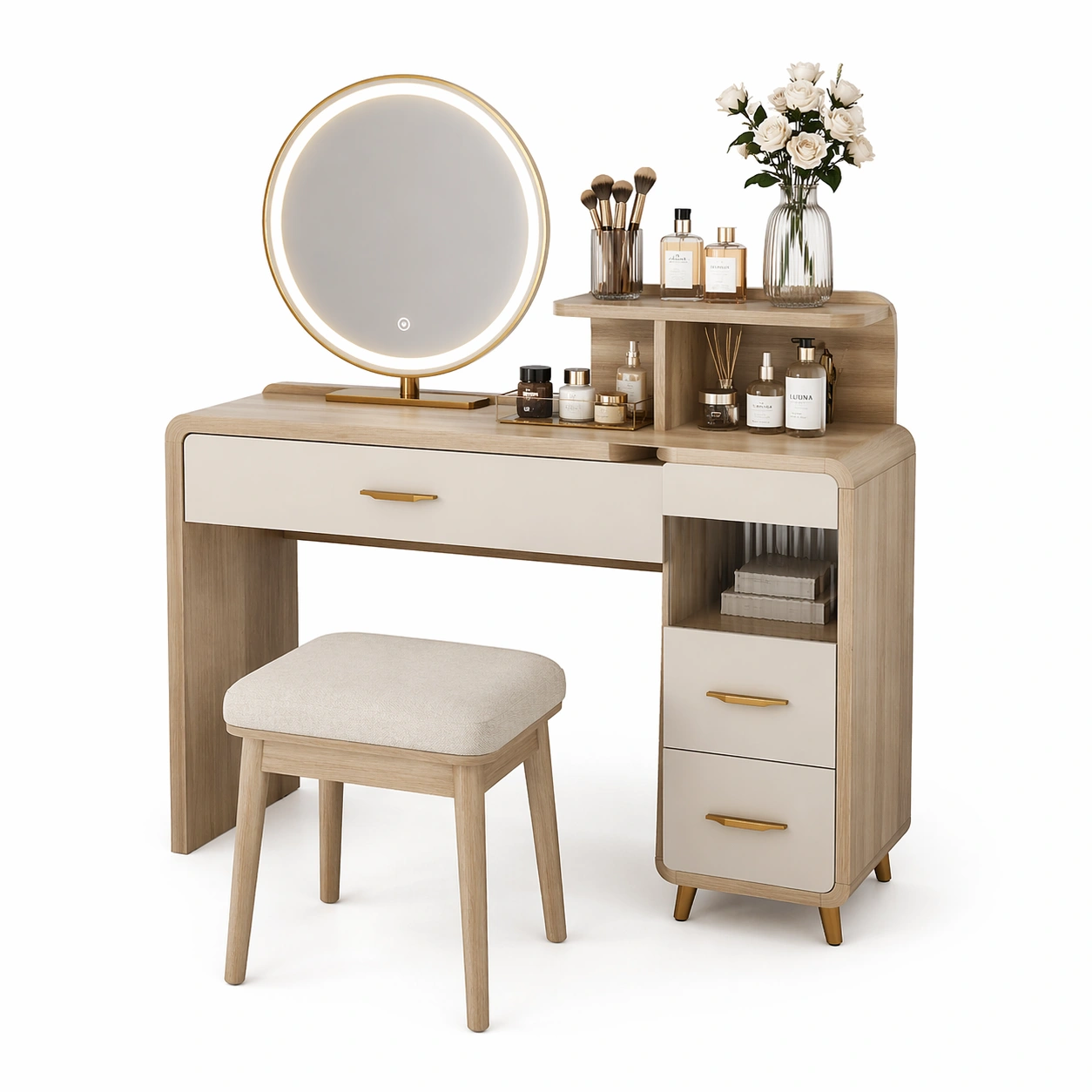 Schminktisch kompakt mit rundem Spiegel Beige-Javellio