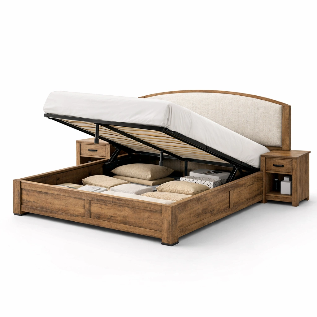 Holzbett mit Stauraumfunktion und Hebemechanismus-Lervino