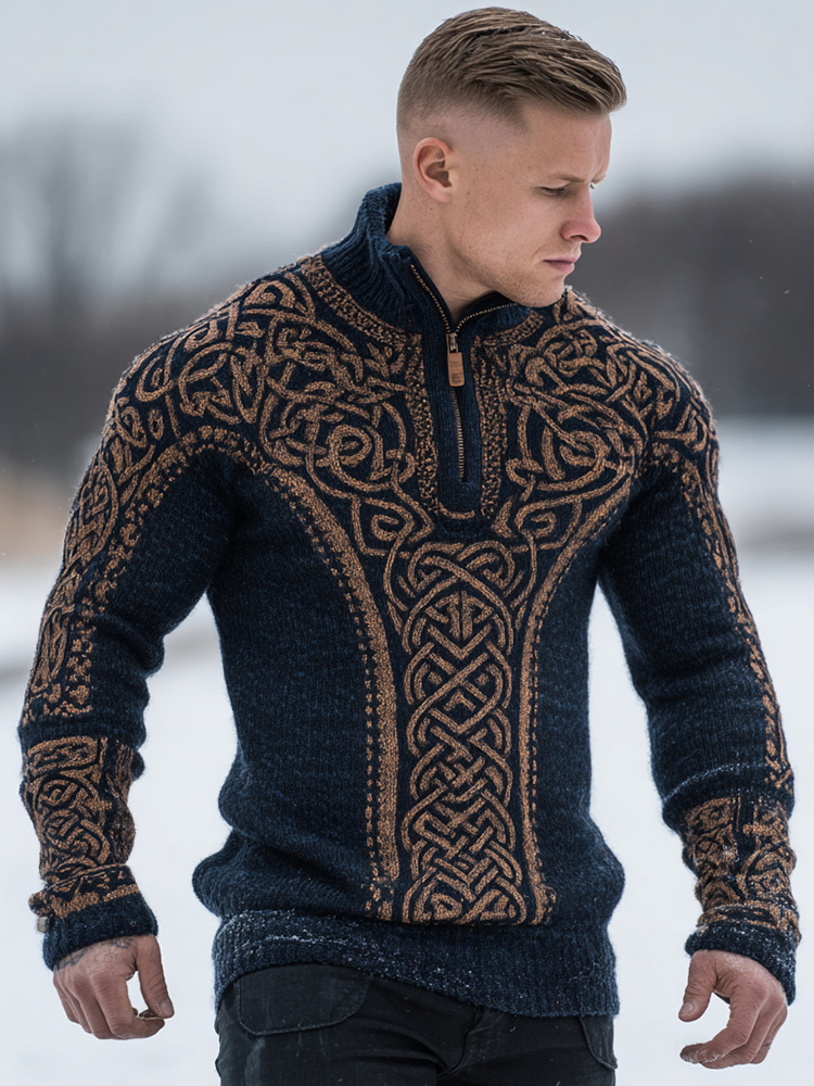 Men's Vintage Viking Celtic Knot Art Cozy Knit Half Zipped Sweater