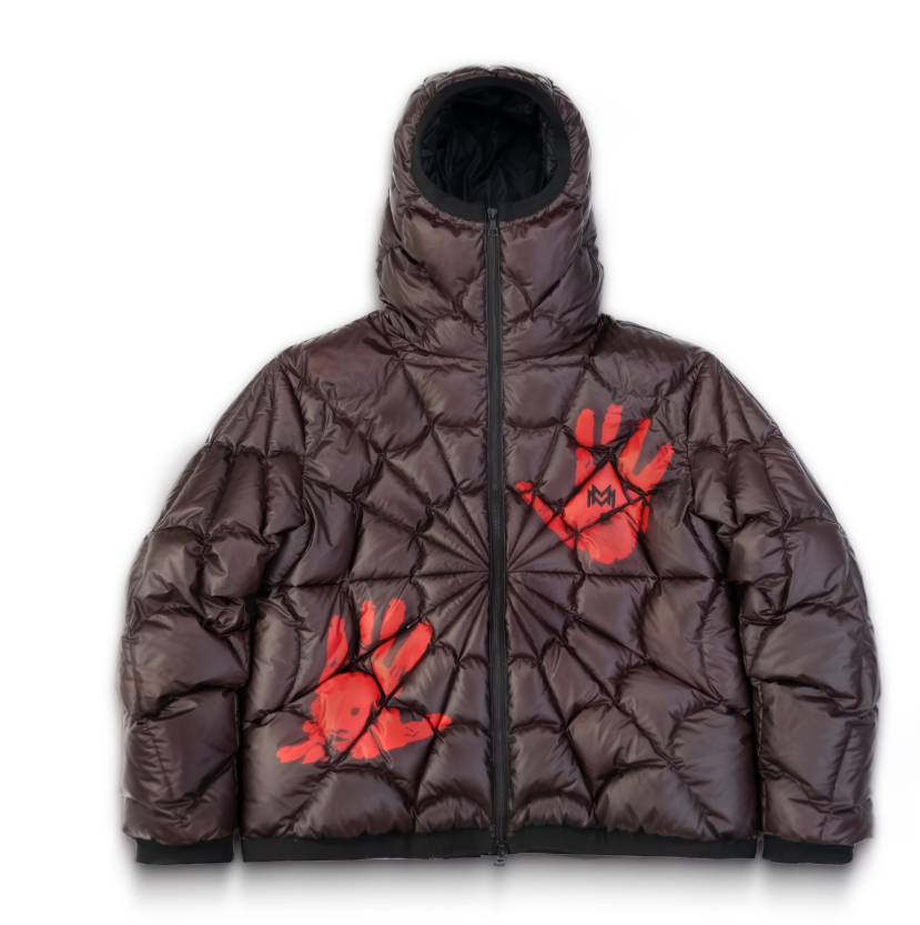 Water-Reactive Color Changing Spider Web Puffer Jacket for Men, Hooded Streetwear Quilted Winter Coat