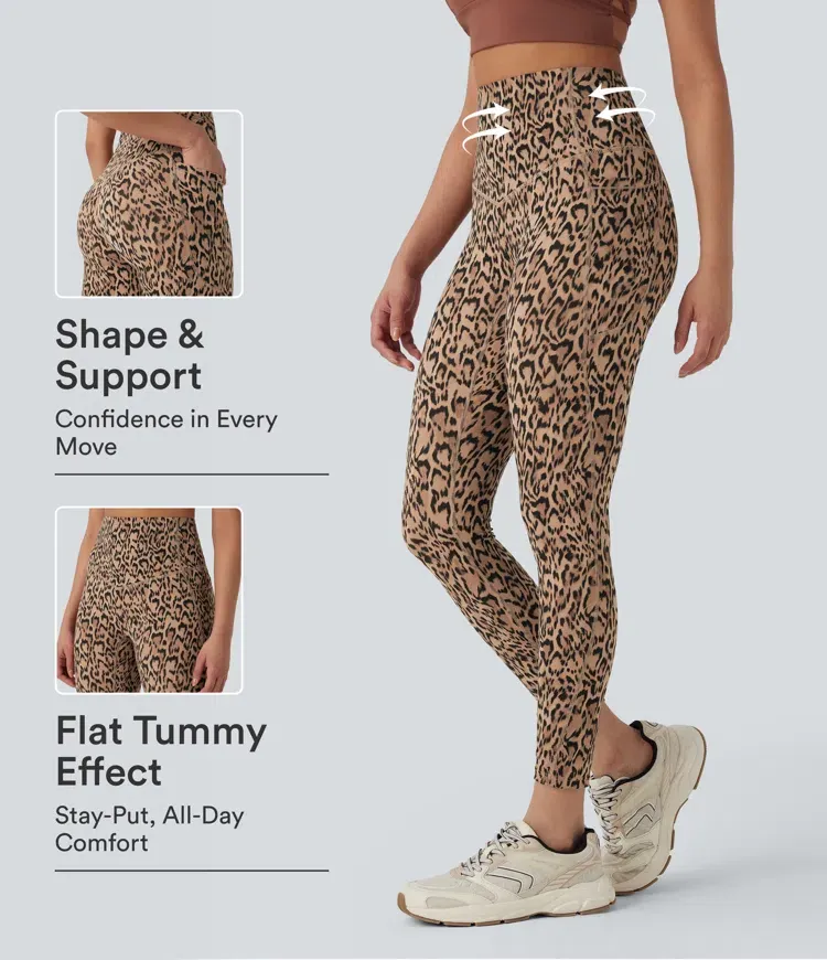 Luno Wear Leopard Print High Waist Yoga Leggings with Pockets - Black - XS