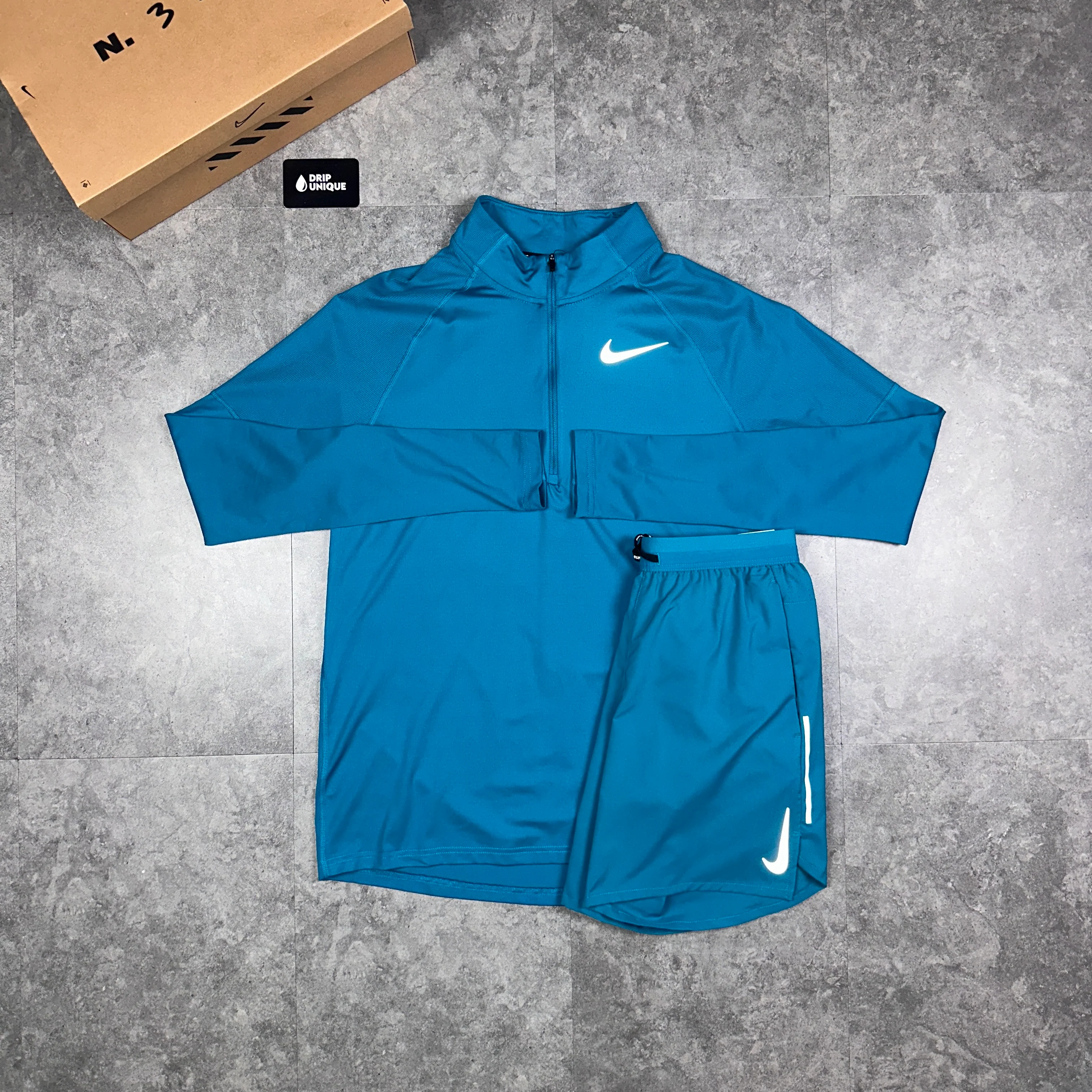 Nike Therma 1/4 Zip Top Aqua Blue & Aqua Blue Flex Stride Shorts Set
