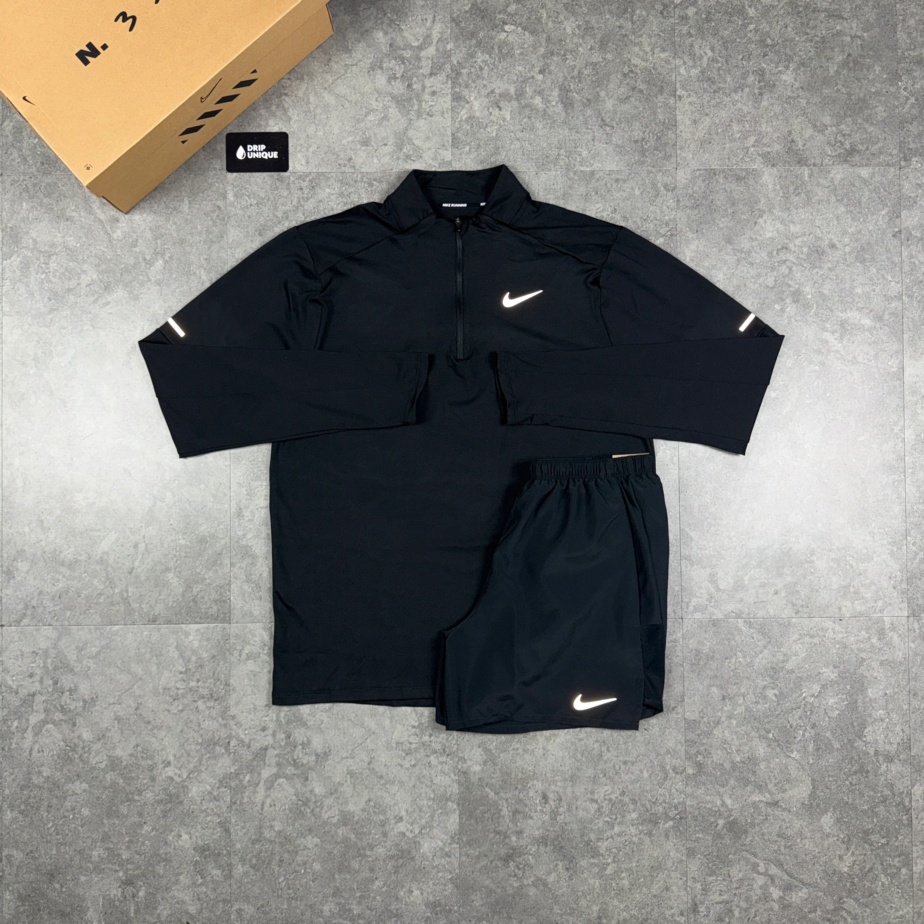 Nike Element 1/4 Zip Top Black & Black Challenger Shorts Set