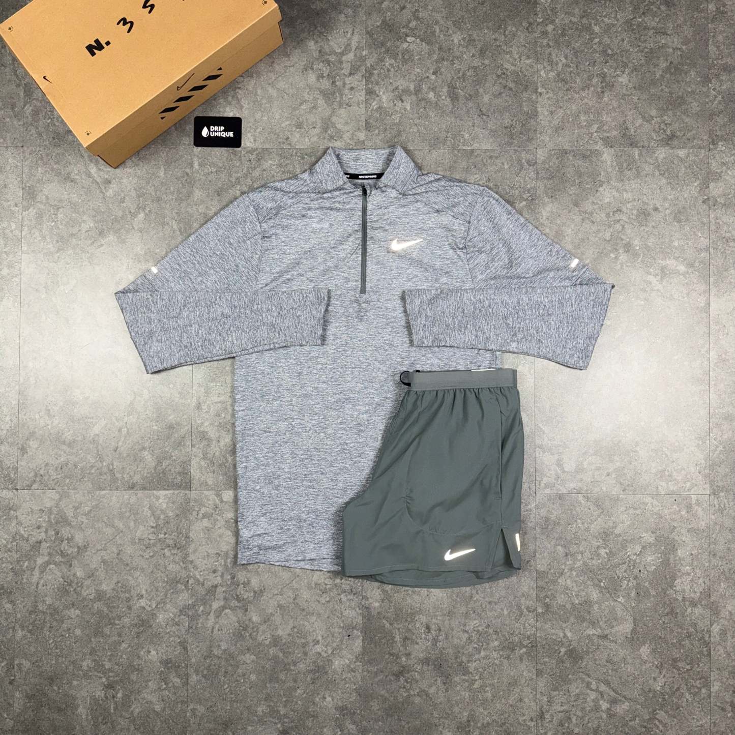 Nike Element 1/4 Zip Top Grey & Grey Flex Stride Shorts Set