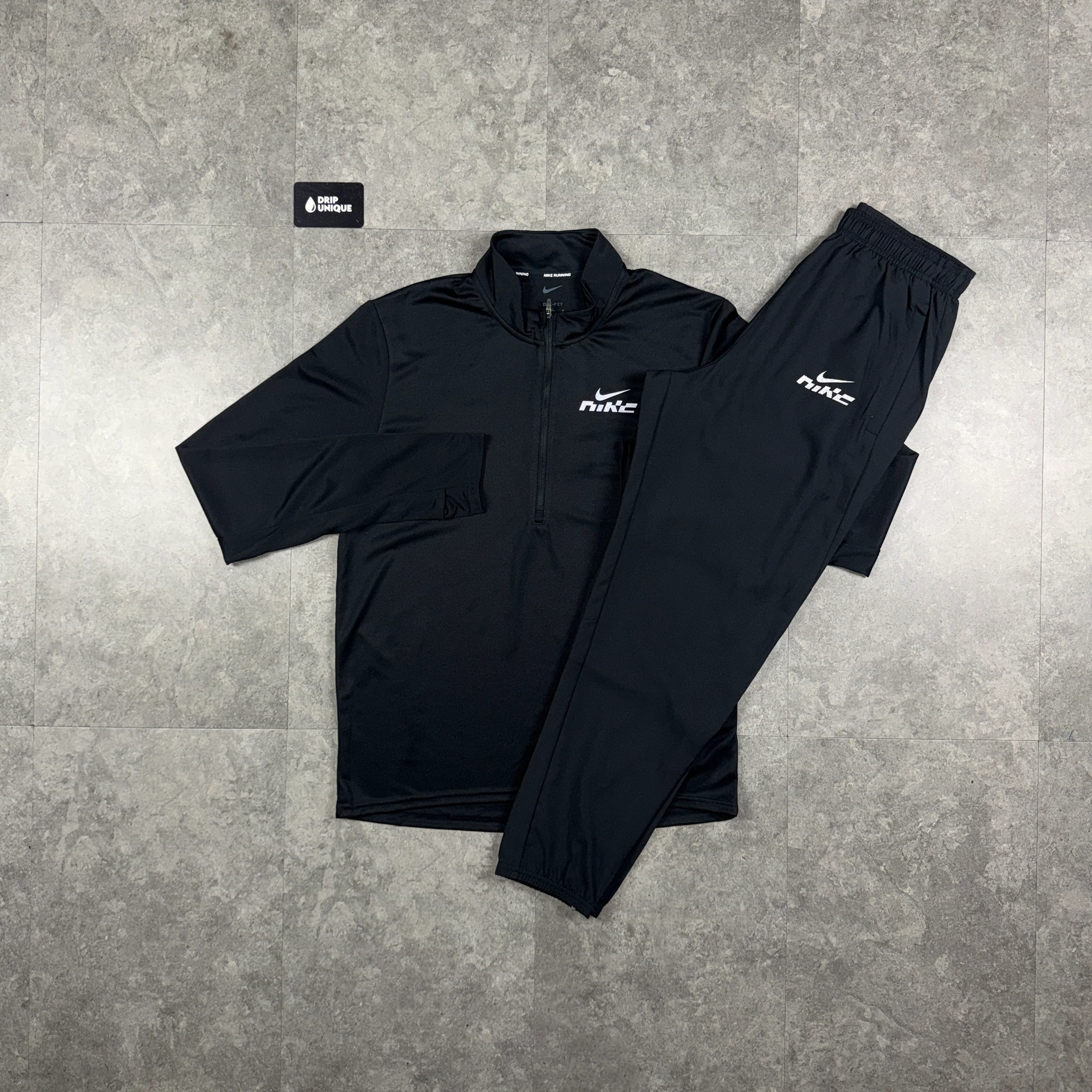 Nike Dri-Fit Swoosh Pacer 1/4 Zip Black & Black Swoosh Pants Set