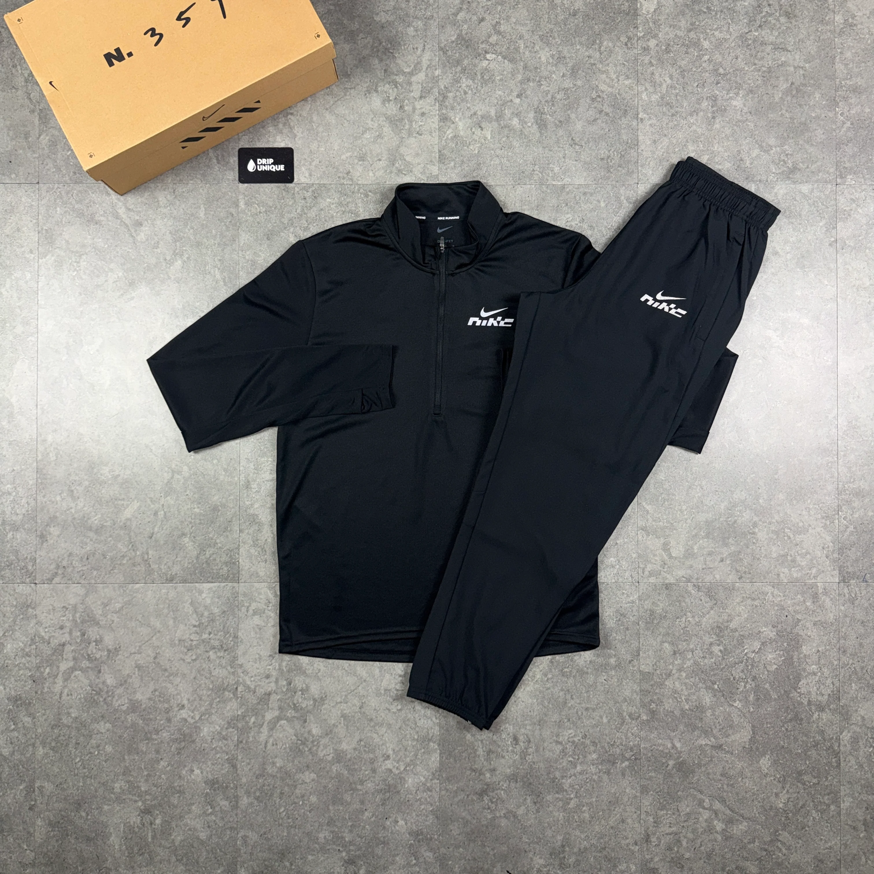 Nike Dri-Fit Swoosh Pacer 1/4 Zip Black & Black Swoosh Pants Set