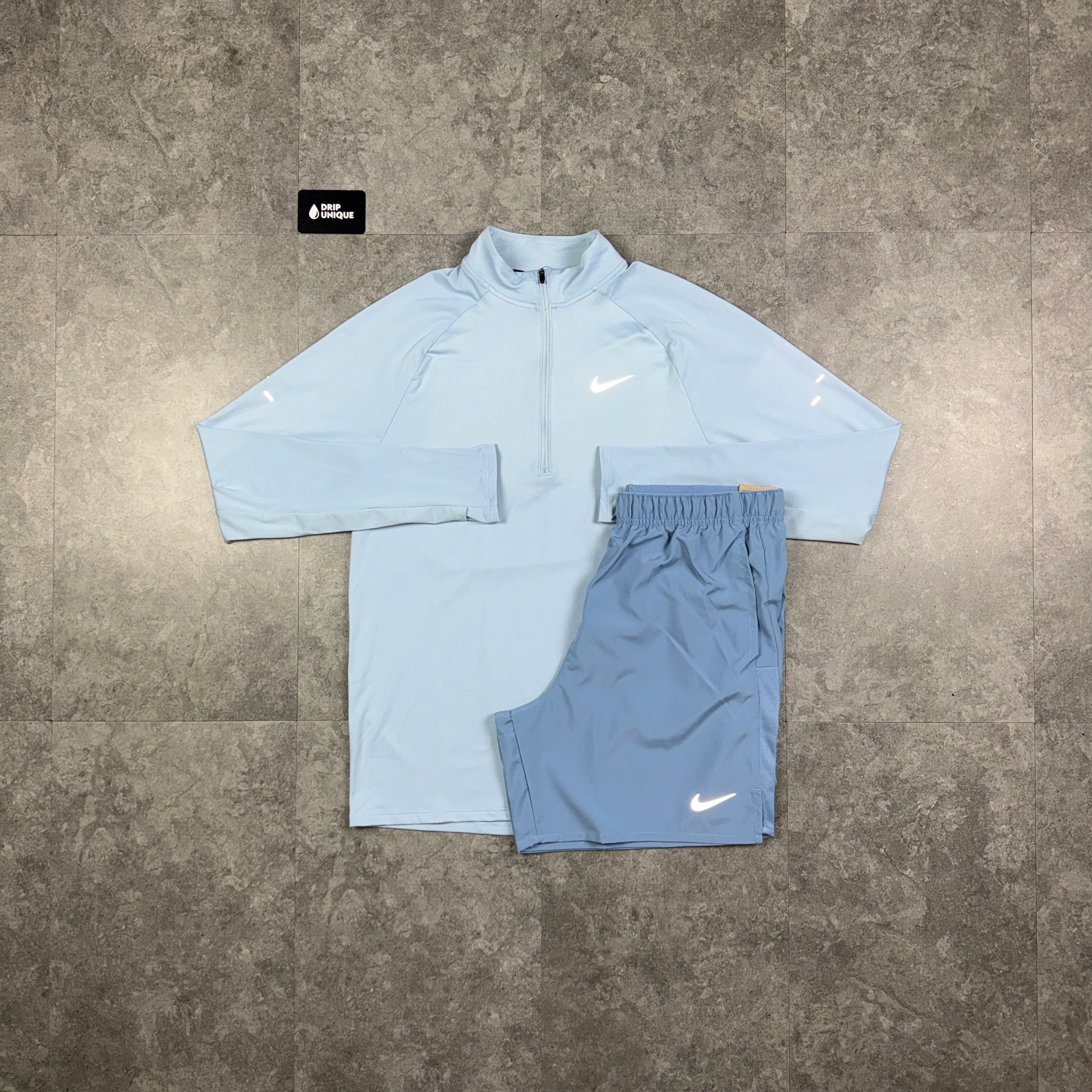 Nike Stride 1/4 Zip Top Light Armoury Blue & Worn Blue Challenger Shorts Set
