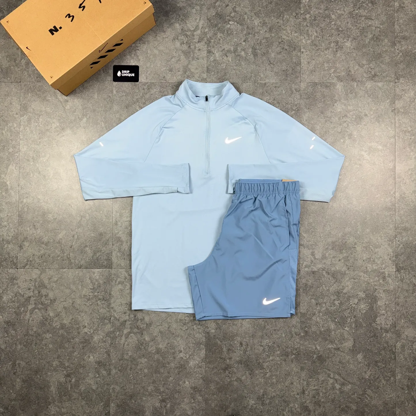 Nike Stride 1/4 Zip Top Light Armoury Blue & Worn Blue Challenger Shorts Set