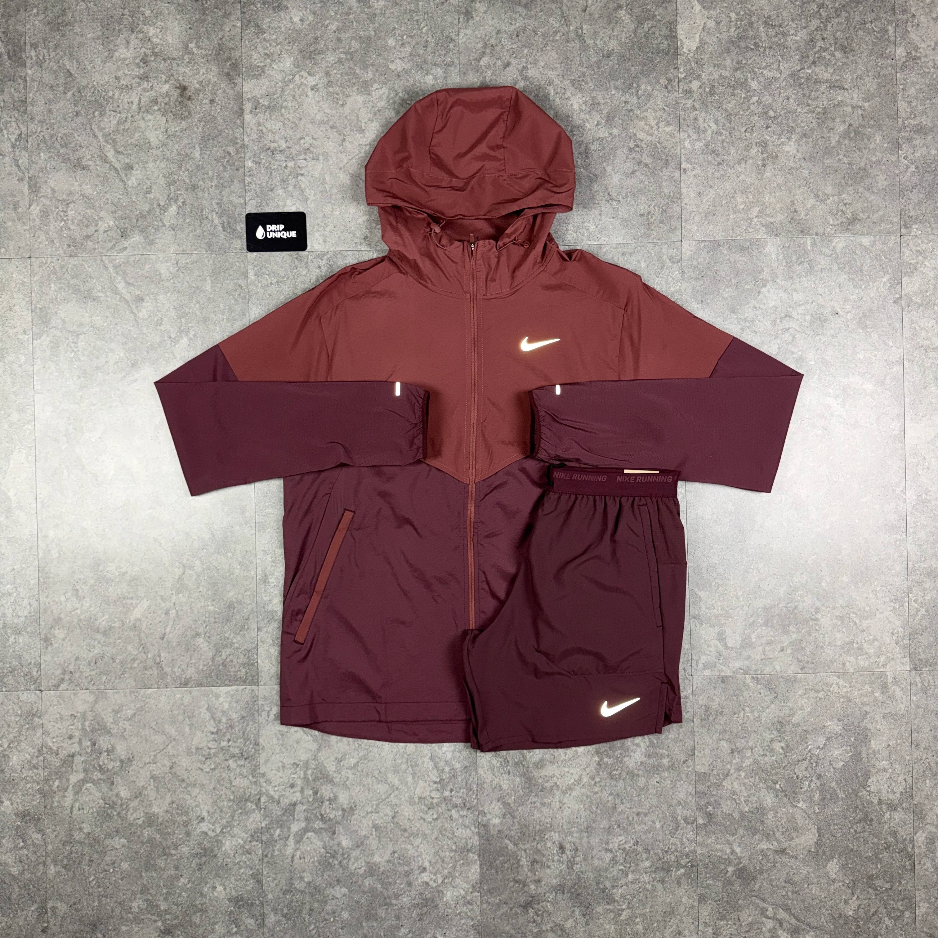 Nike UV Windrunner Jacket Burgundy Crush & Burgundy Flex Stride Shorts Set