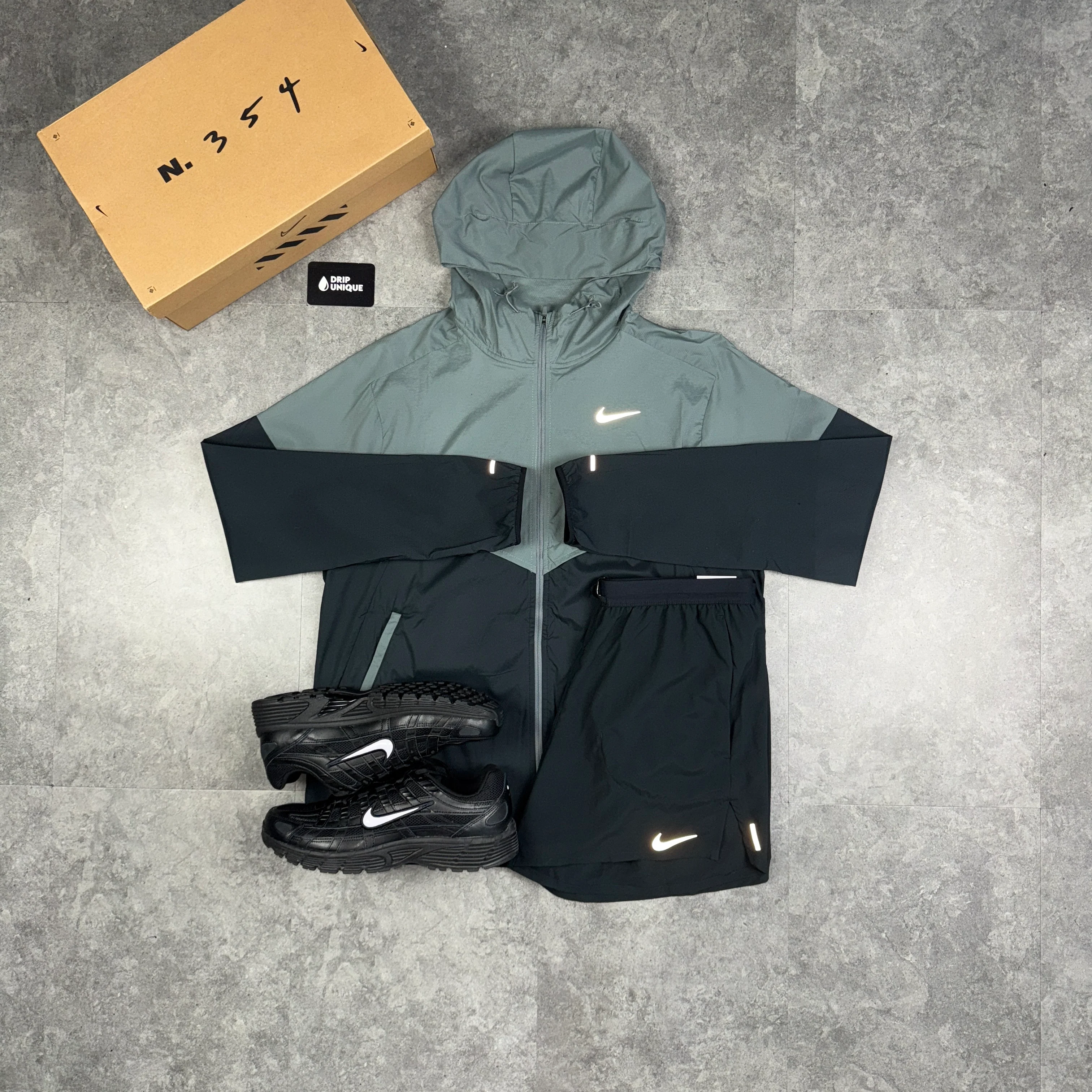 Nike UV Windrunner Jacket Grey / Black & Black Flex Stride Shorts Set