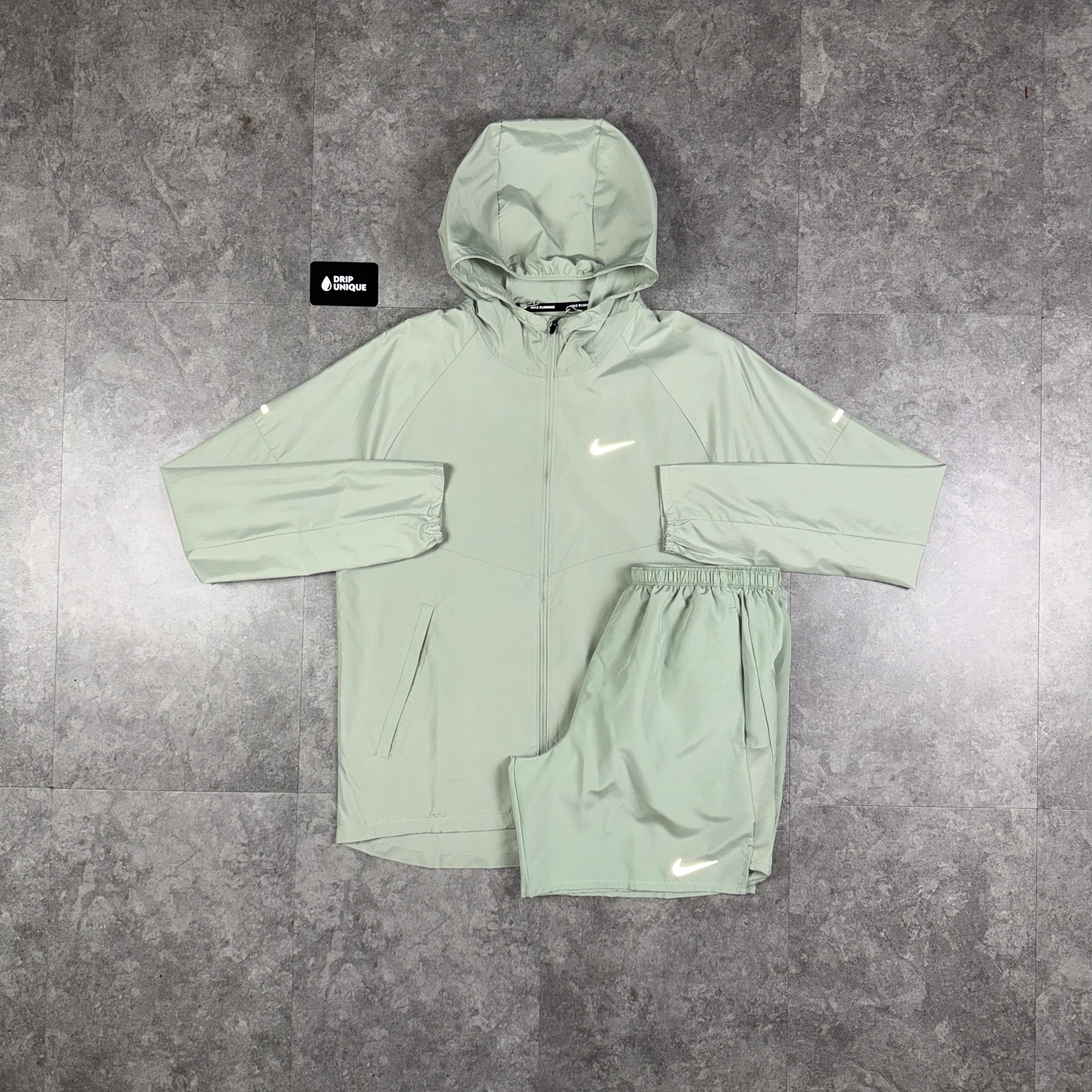 Nike Repel Miler Windrunner Jacket Jade Green & Green Challenger Shorts Set