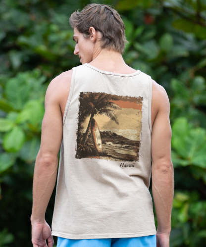 Retro Island Surf Scenic - Kona Coffee Dyed Sleeveless Tank Top