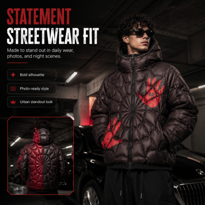 Water-Reactive Color Changing Spider Web Puffer Jacket for Men, Hooded Streetwear Quilted Winter Coat