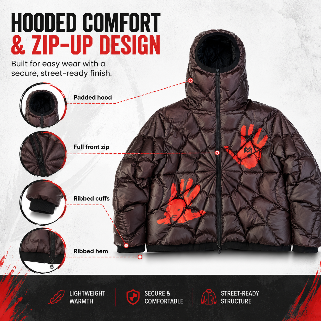 Water-Reactive Color Changing Spider Web Puffer Jacket for Men, Hooded Streetwear Quilted Winter Coat