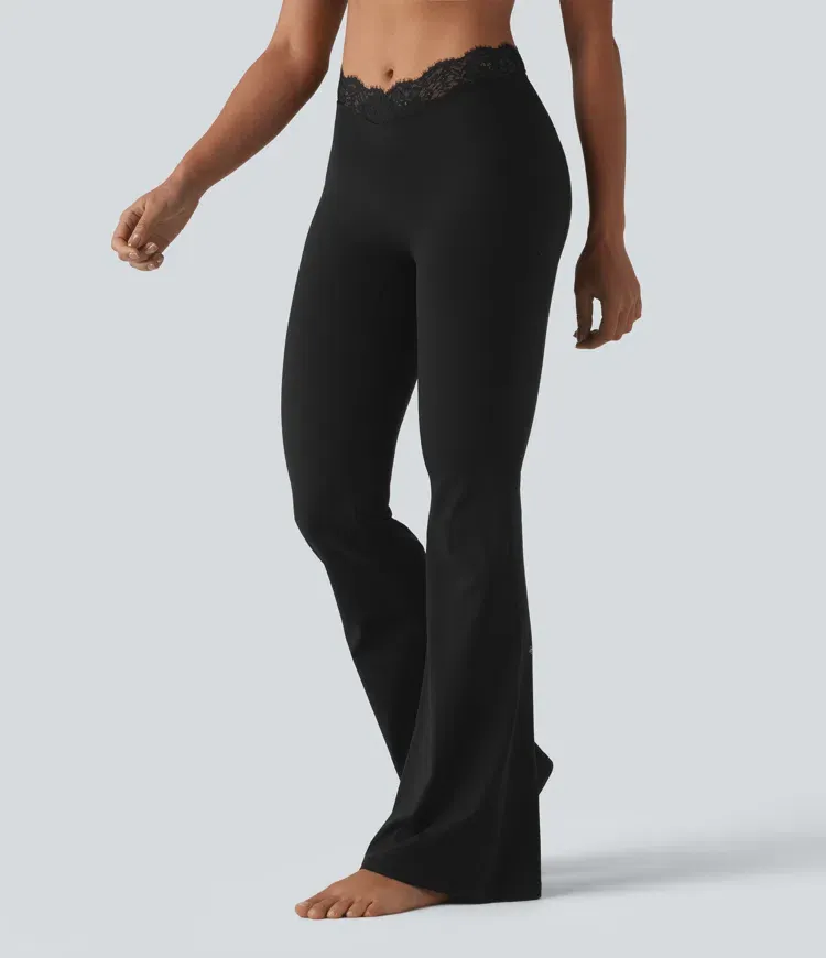 Luno Wear V Waist Lace Flare Yoga Leggings with Pockets - Black - XS