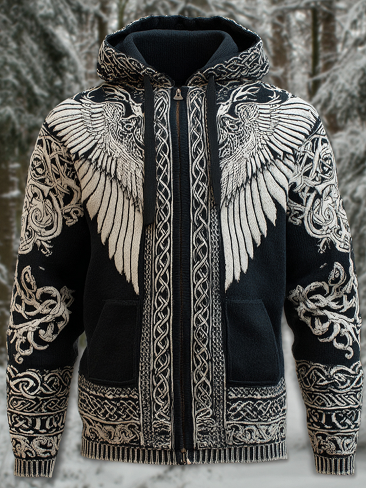 Men's Viking Wing Celtic Art Cozy Zip-up Hooded Cardigan