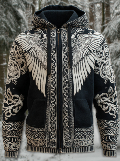 Men's Viking Wing Celtic Art Cozy Zip-up Hooded Cardigan