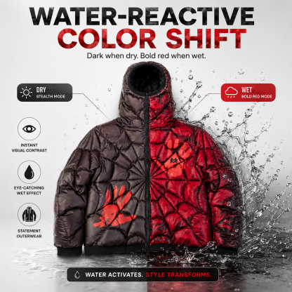 Water-Reactive Color Changing Spider Web Puffer Jacket for Men, Hooded Streetwear Quilted Winter Coat