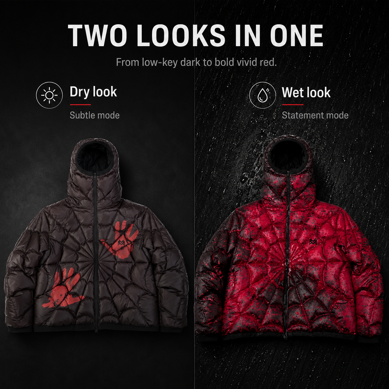 Water-Reactive Color Changing Spider Web Puffer Jacket for Men, Hooded Streetwear Quilted Winter Coat