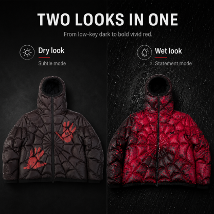 Water-Reactive Color Changing Spider Web Puffer Jacket for Men, Hooded Streetwear Quilted Winter Coat