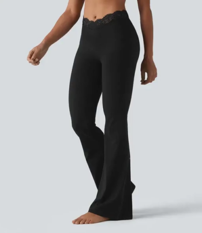 Luno Wear V Waist Lace Flare Yoga Leggings with Pockets