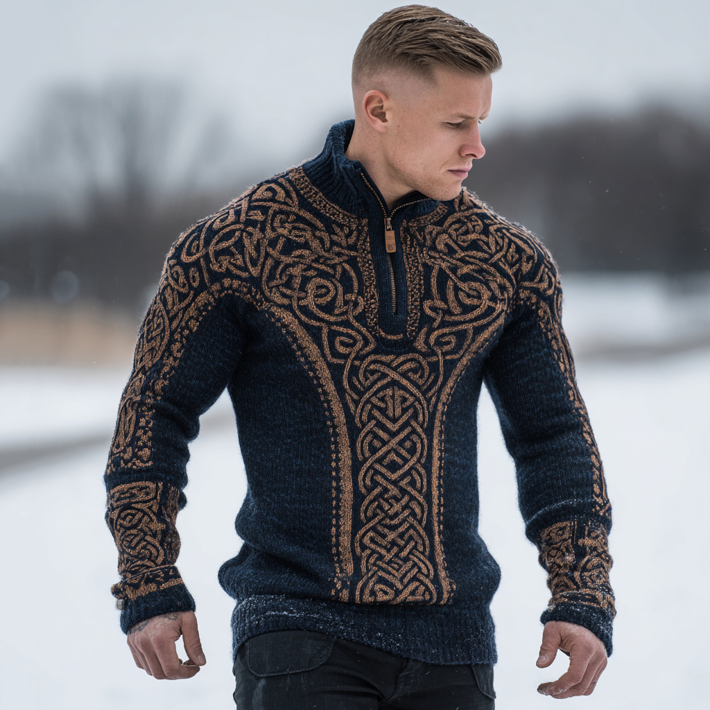 Men's Vintage Viking Celtic Knot Art Cozy Knit Half Zipped Sweater