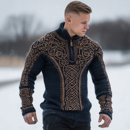 Men's Vintage Viking Celtic Knot Art Cozy Knit Half Zipped Sweater