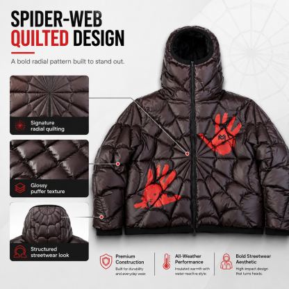 Water-Reactive Color Changing Spider Web Puffer Jacket for Men, Hooded Streetwear Quilted Winter Coat