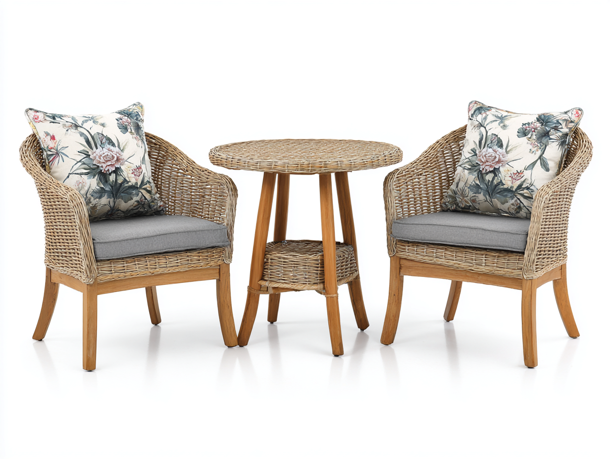 Set salotto da terrazza - rattan-legno-tessuto - 78x72x80cm - naturale-grigio - stile naturale classico-Ralolyabode