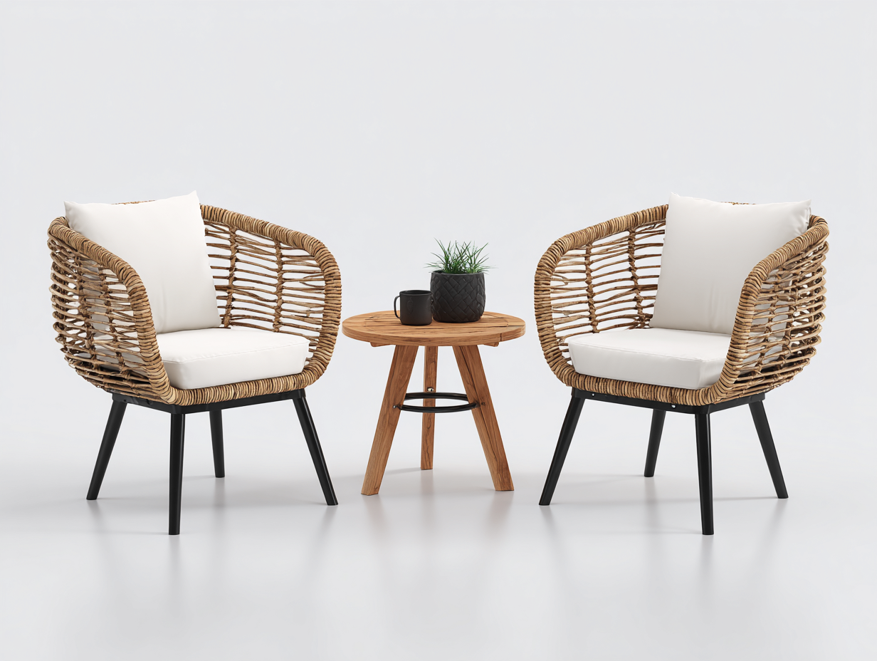 Set salotto da terrazza - rattan-metallo-legno-tessuto - 76x74x79cm - naturale-bianco-nero - stile naturale moderno-Ralolyabode