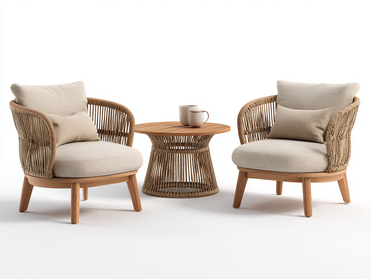 Set salotto da terrazza - rattan-legno-tessuto - 82x80x78cm - naturale-beige - stile naturale moderno-Ralolyabode