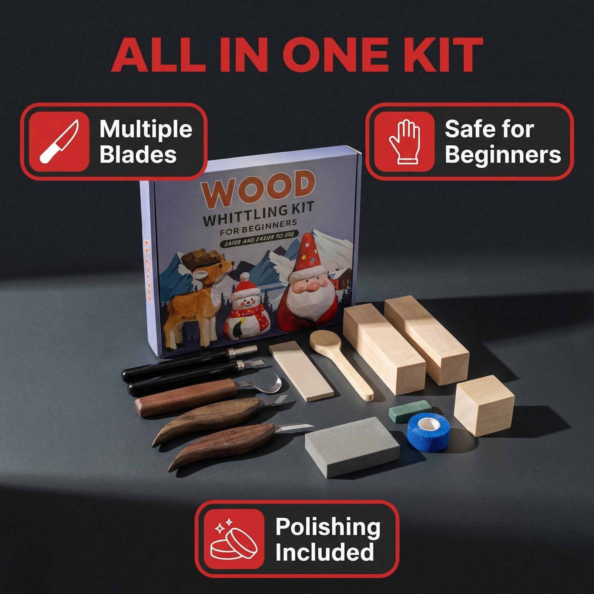 Premium Wood Whittling Kit for Beginners - Safe Wood Carving Tools Set with Basswood Blocks, Safety Gloves & Finishing Supplies