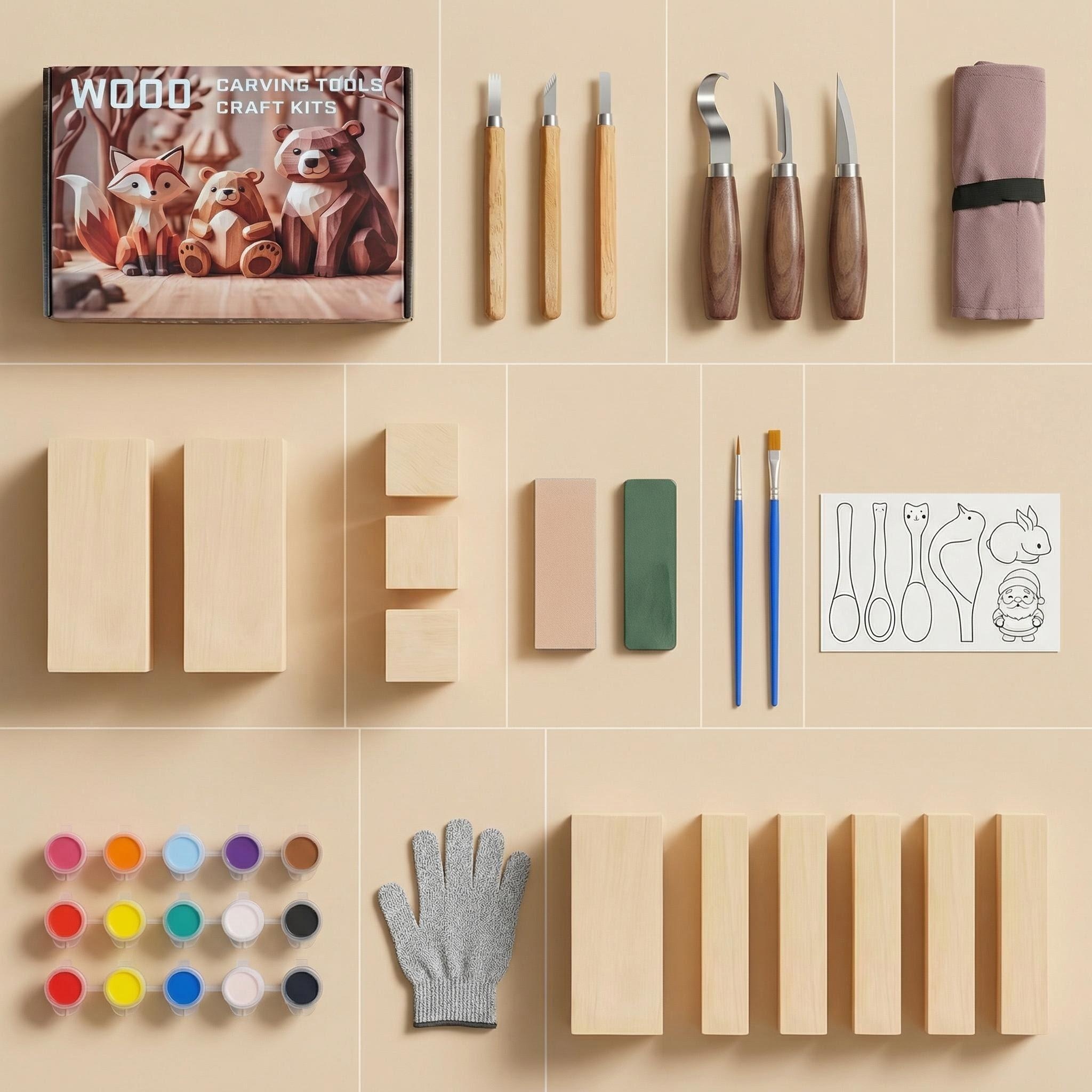Wood Carving Kit for Beginners - All-in-One Whittling Set with Basswood Blocks, Tools & Painting Supplies for Kids & Adults