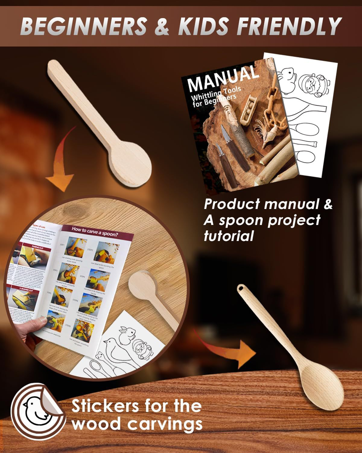Hook Knife for Wood Carving - Ergonomic Beechwood Handle Spoon Carving Tool with Leather Sheath
