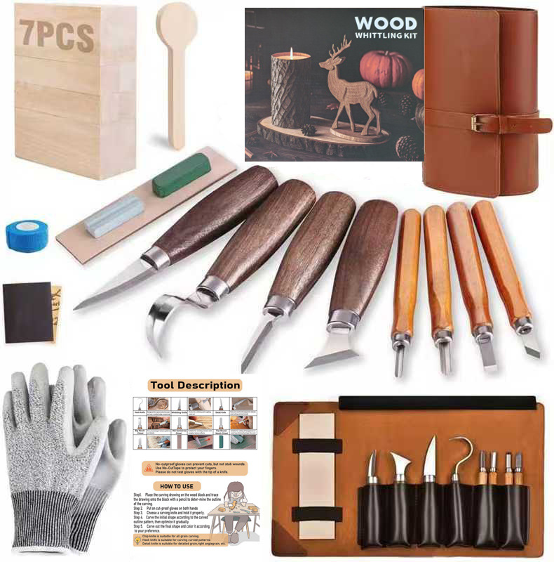  Wood Whittling Kit - Premium Wood Carving Tools Set with Basswood Blocks, Safety Gloves & Leather Roll Bag for Beginners
