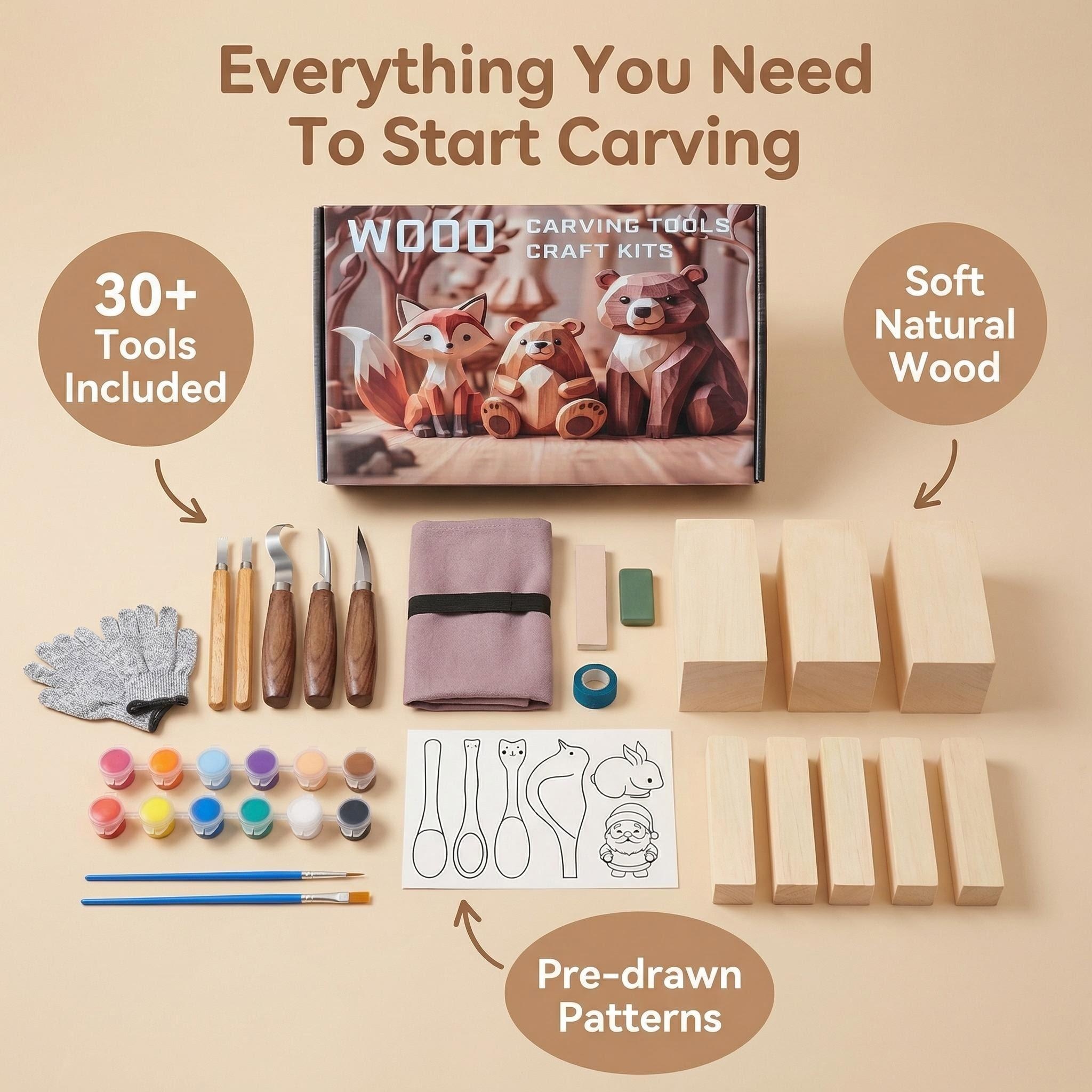 Wood Carving Kit for Beginners - All-in-One Whittling Set with Basswood Blocks, Tools & Painting Supplies for Kids & Adults