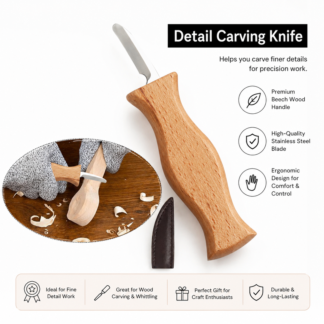 Safe Whittling Knife for Kids & Beginners - Ergonomic Wood Carving Tool for Fine Detailing & Trimming