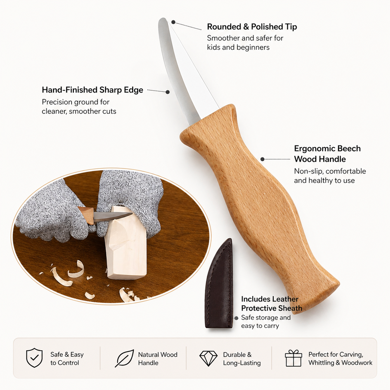 Safe Whittling Knife for Kids & Beginners - Ergonomic Beech Wood Handle Wood Carving Tool with Leather Sheath